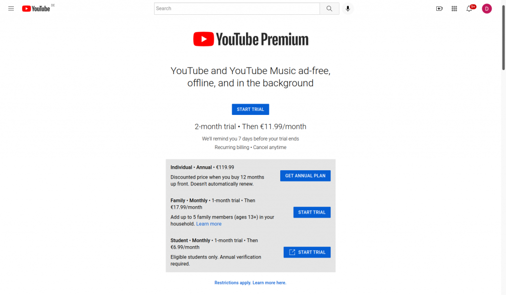 Prezzi di YouTube Premium