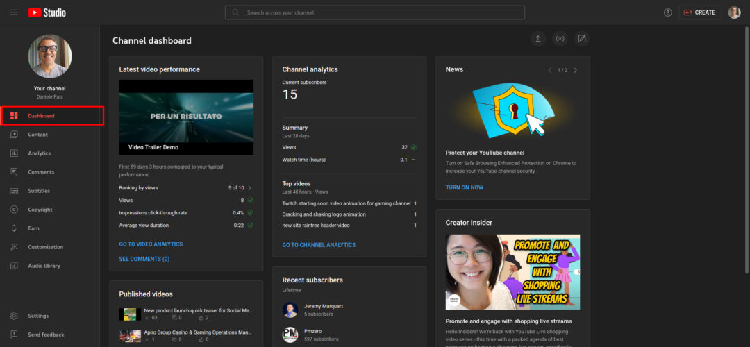 3. Dashboard del Creator Studio